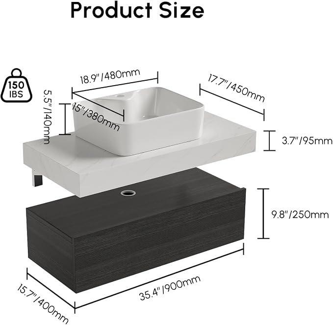 35" Floating Bathroom Vanity, Wall-Mounted Storage Cabinet Single Piece Set - Image 2