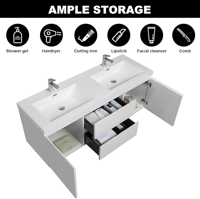 60-Inch Floating Bathroom Vanity, Modern Wall-Mounted Bathroom Storage Vanity - Image 5