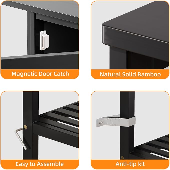 HITNET Black Bathroom Cabinet, Freestanding Storage Cabinet Bamboo Kitchen - Image 7