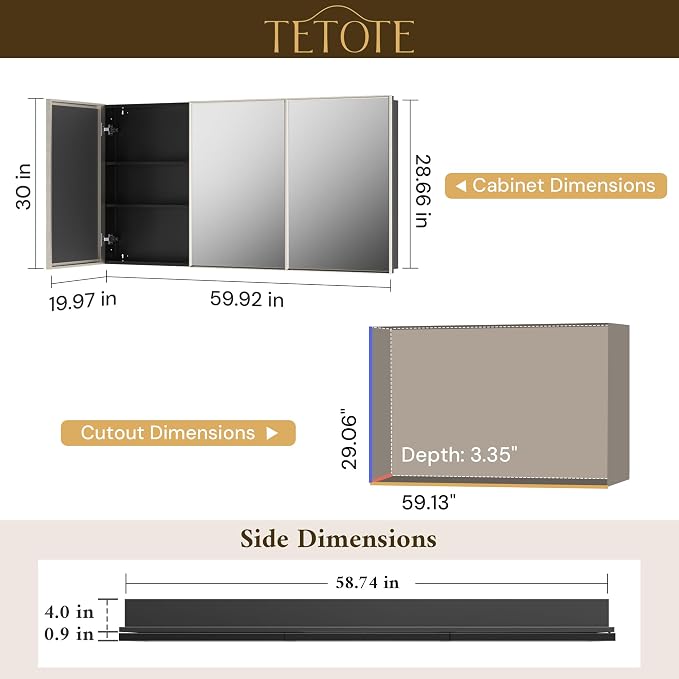 TETOTE 60" x 30" Brushed Nickel Medicine Cabinet Storage - Image 2