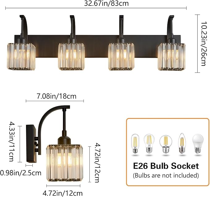 Crystal Vanity Lights 4-Light Black Bathroom Vanity Lights Modern Crystal - Image 4