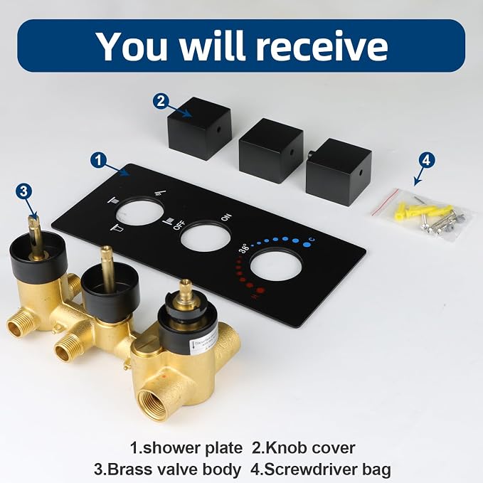 HOMEDEC Solid Brass 4 Ways Shower Diverter Valve, Thermostatic 3 Handles - Image 6