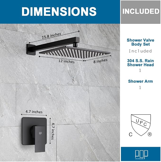 POP SANITARYWARE Matte Black Shower Faucet Set, Bathroom Rainfall Shower System - Image 7