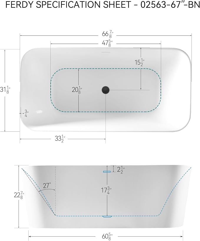 FerdY Maui 67" Acrylic Freestanding Bathtub, Contemporary Elegant Design - Image 7