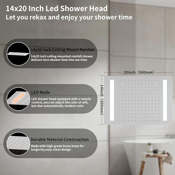 Bathroom shower system Ceiling 14x20 inch shower head, spray - Image 2