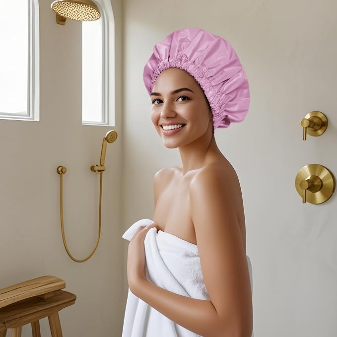 Reusable Shower Cap for Women, Large Waterproof Shower Essentials Bonnet - Image 4