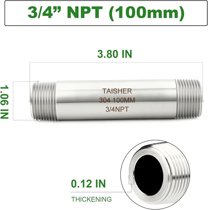 TAISHER 2PCS Stainless Steel Pipe Fittings, 3/4" NPT Male x 3/4" NPT Male - Image 2