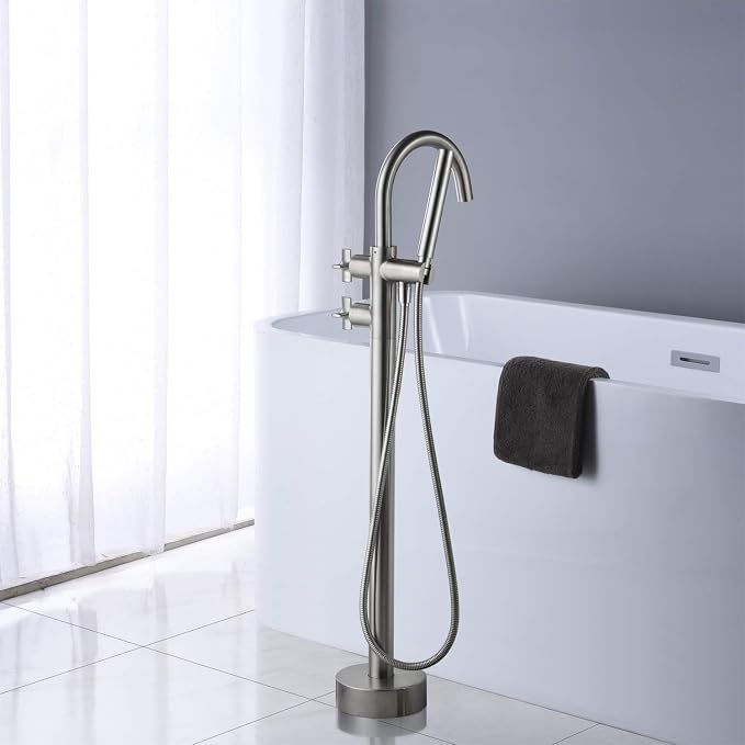Tub Filler Freestanding Bathtub Faucet Brushed Nickel Floor Mount Brass Faucets - Image 3