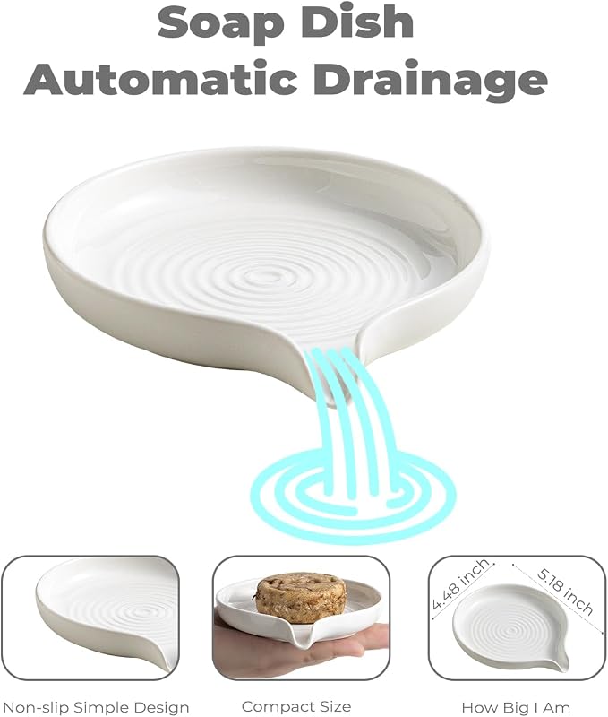 Self Draining Soap Dish, Ceramic Drain Soap Holder Waterfall Design Soap Saver - Image 2