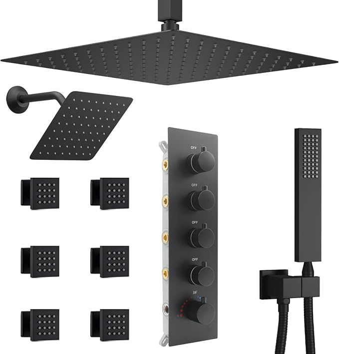 Black Thermostatic Shower System Dual Shower Heads by NPYSVSSS