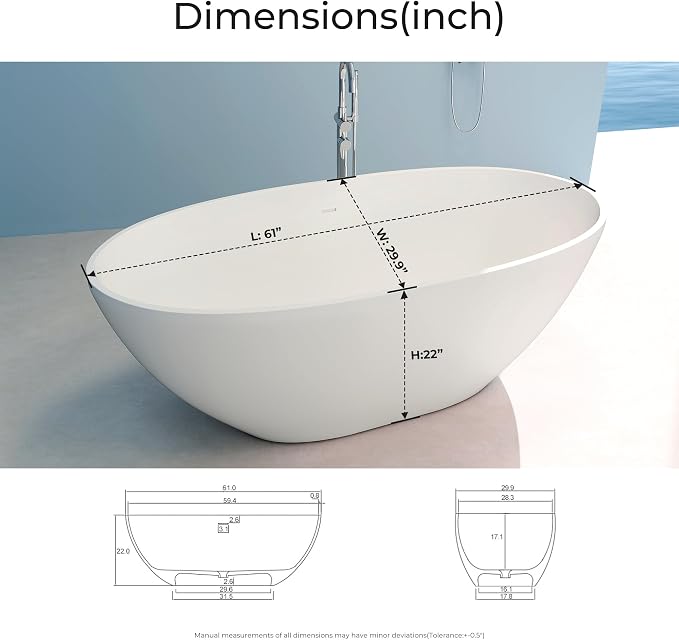 Upgraded 61" Solid Surface Freestanding Bathtub, Oval Stone Resin Tub - Image 4