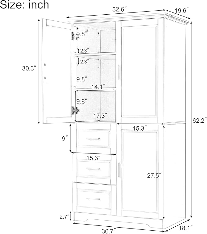 Tall Wide Storage Cabinet with 3 Doors, 3 Drawers, and Adjustable Shelves - Image 2