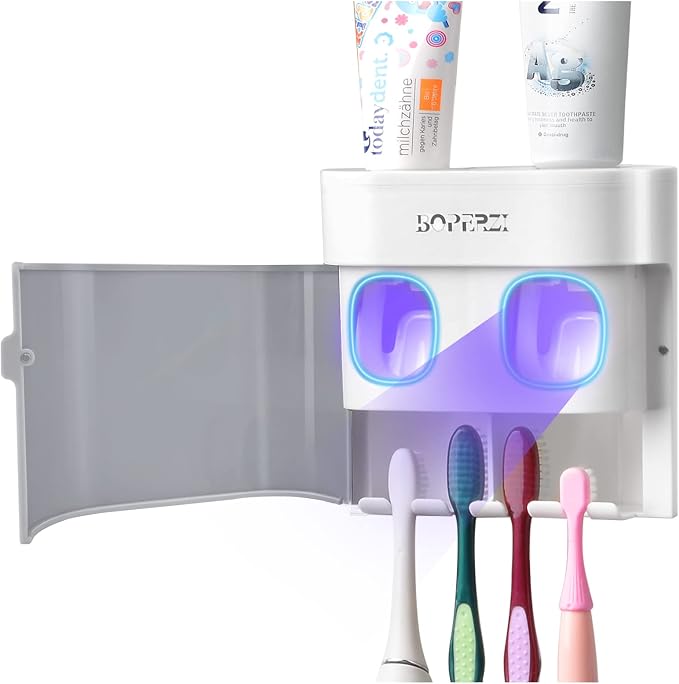 Boperzi Toothbrush Holder Wall Mounted Toothpaste Dispenser Gray Dustproof Cover by Boperzi