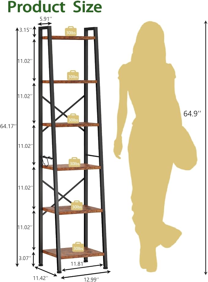 Furologee 6 Tier Ladder Shelf Bookcase, Tall Ladder Bookshelf Narrow - Image 3