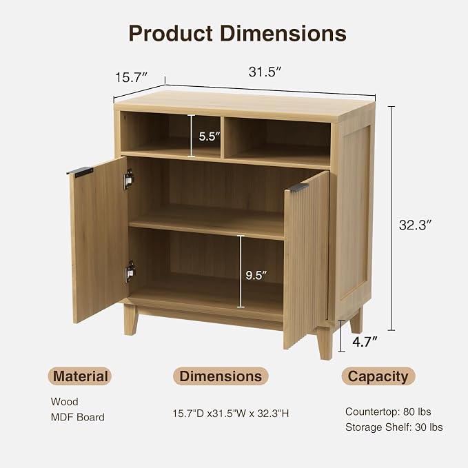 Fluted Cabinet with Doors, Modern Accent Storage Cabinet with Solid Wood Legs & - Image 2