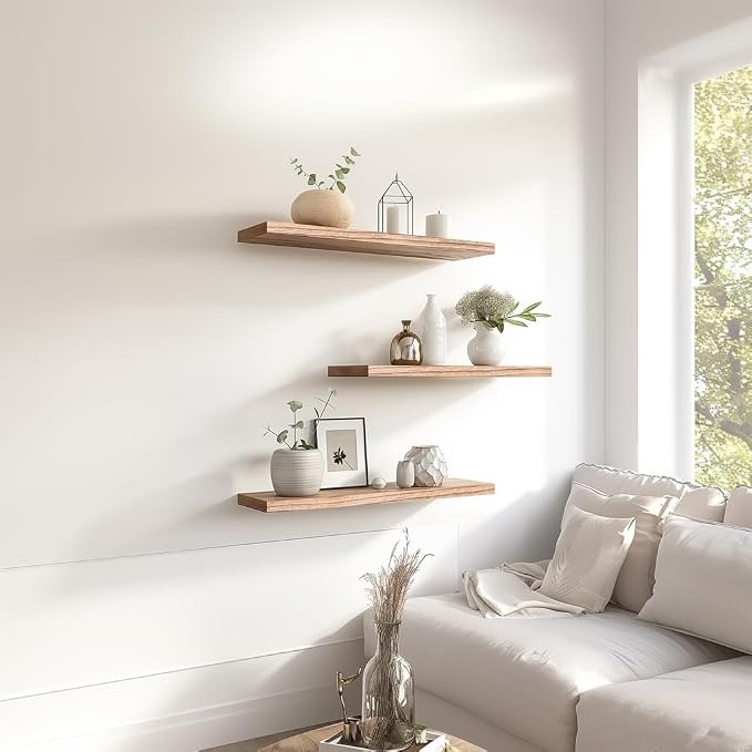 Light Wood Floating Shelves for Wall Rustic Wall Shelves for Bedroom Set of 6 - Image 7