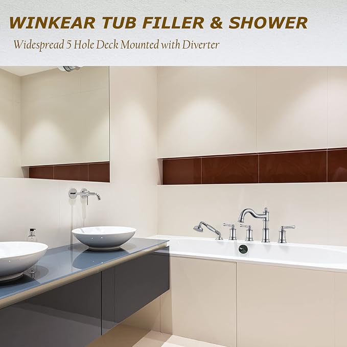 Roman Tub Faucet Set With Handheld Shower 5 Hole Deck Mount Tub Filler With - Image 2