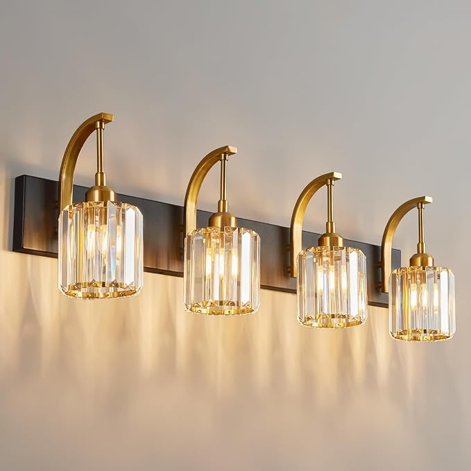 4-Light Crystal Vanity Light, Modern Black Gold Bathroom Wall Sconce by FDPBY