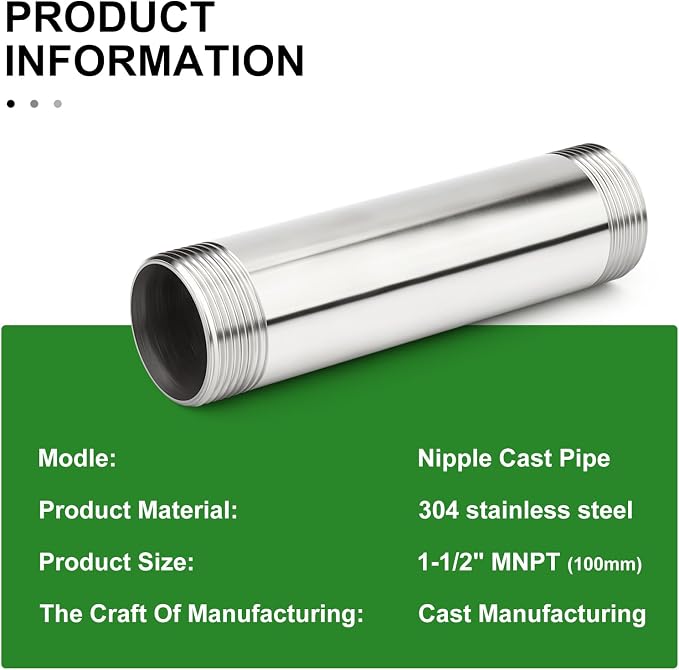 TAISHER 2PCS Stainless Steel Pipe Fittings, 1-1/2" NPT Male x 1-1/2" NPT Male - Image 5