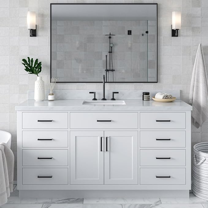ARIEL 67" White Bathroom Vanity, 1.5" Edge Italian Carrara Marble Countertop & by Ariel
