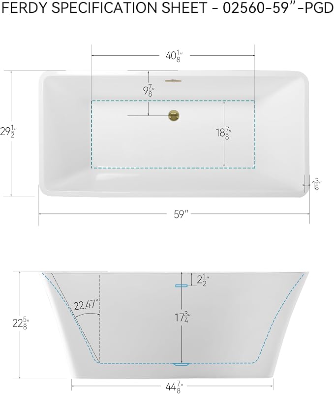 FerdY Sentosa 59" Acrylic Freestanding Bathtub, Contemporary Design Soaking Tub - Image 7