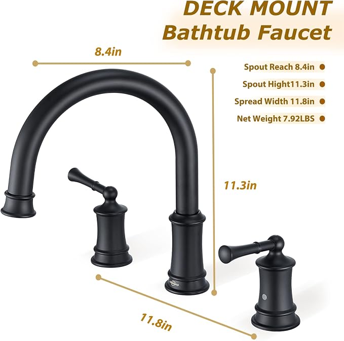Matte Black Roman Tub Faucet, Antique Bathtub Faucet Set 3 Hole, High Flow Bath - Image 5