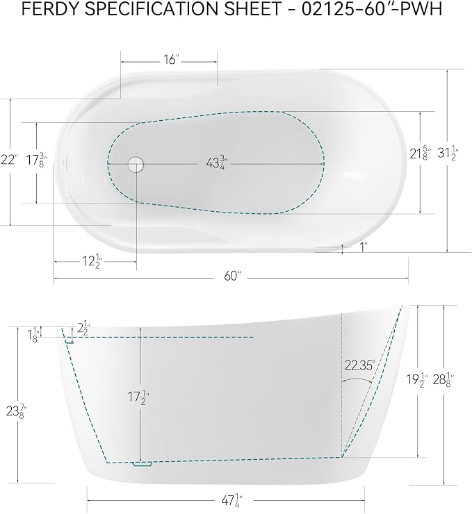 FerdY Lana'i 60" Freestanding Bathtub, Gracefully Shaped Freestanding Soaking - Image 6