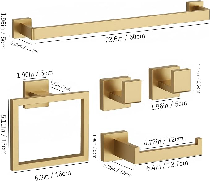 15-Piece Brushed Gold Bathroom Accessories Set – 23.6" Towel Bar, Towel Ring - Image 2