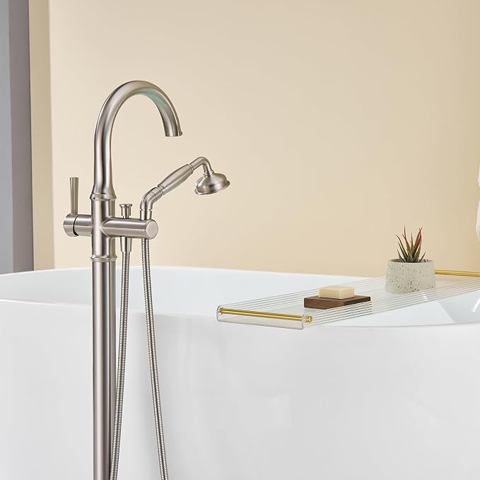 Freestanding Tub Faucet Floor Mount Tub Filler Brushed Nickel Free Standing - Image 5