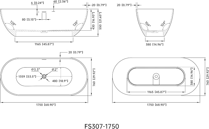 69" Stone Resin Freestanding Bathtub, Oval Solid Surface Bathroom Freestanding - Image 5