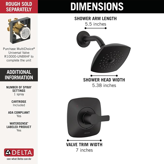 Delta Modern 14 Series Shower Faucet Set, Matte Black Shower Head and Handle Set - Image 3