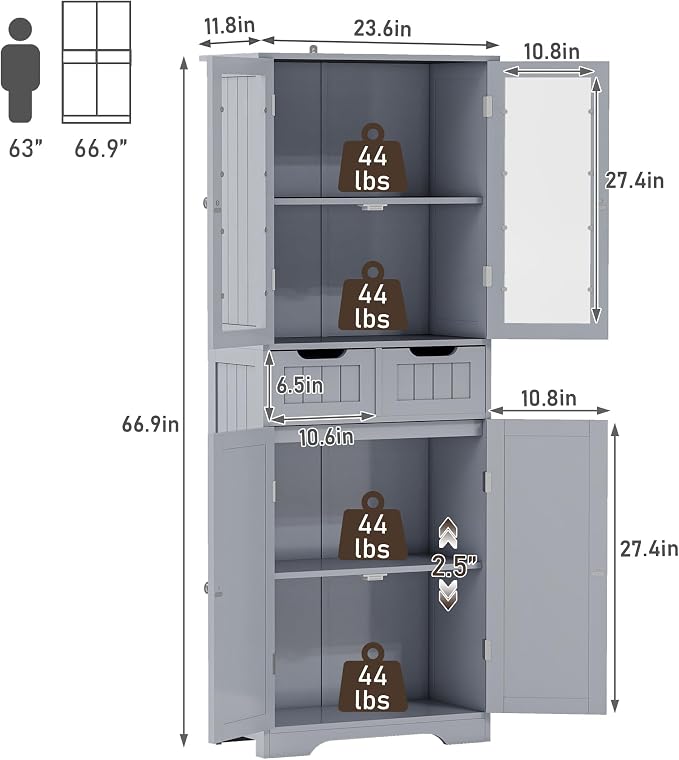 TOLEAD 67" Tall White Bathroom Cabinet Storage Cabinet, Freestanding Storage - Image 2