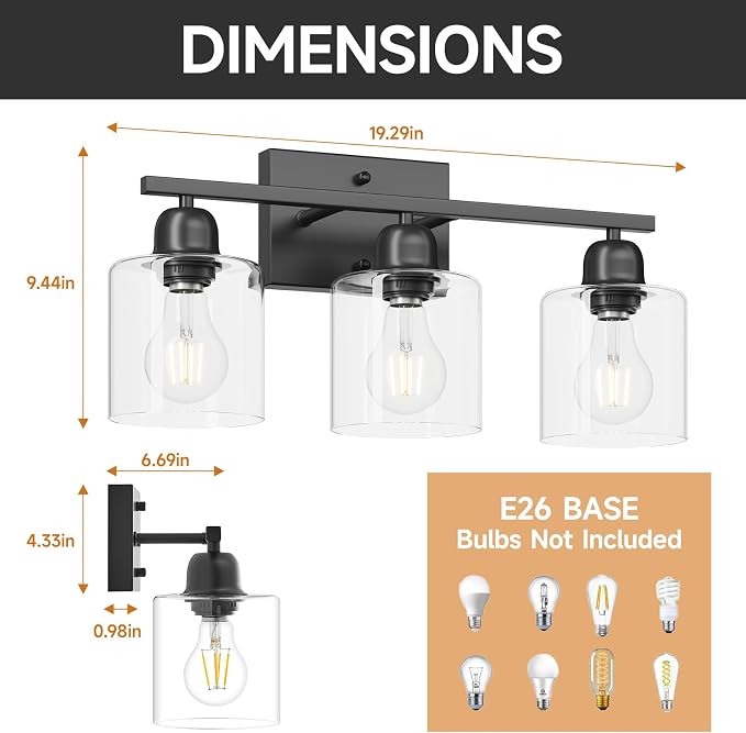 Modern 3 Light Bathroom Light Fixtures, 19 inch Black Vanity Lights - Image 2