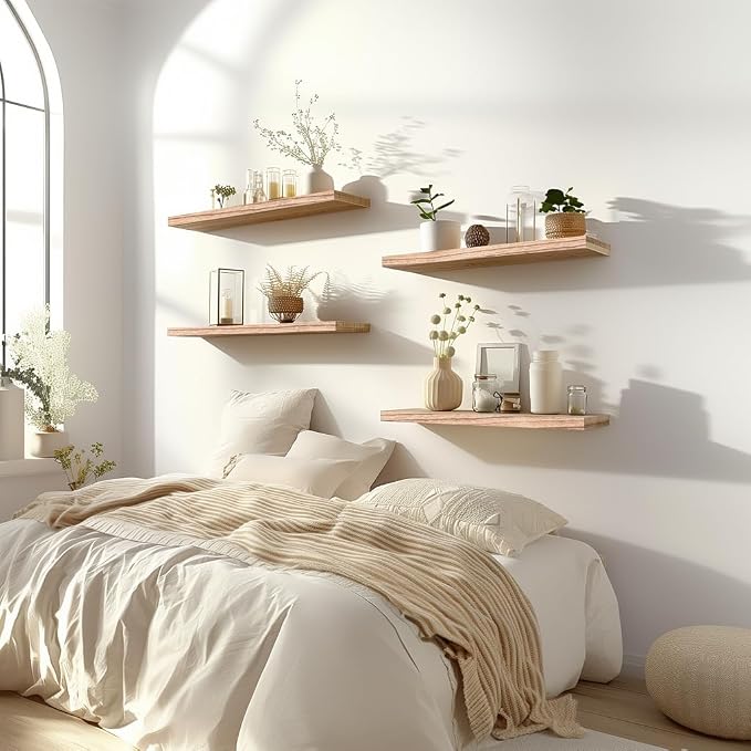 Light Wood Floating Shelves for Wall Rustic Wall Shelves for Bedroom Set of 6 - Image 3