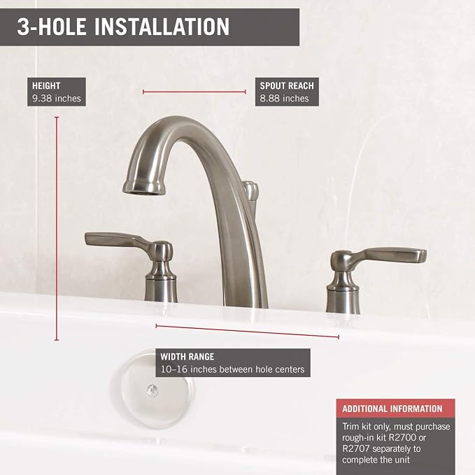 Delta Woodhurst Roman Tub Faucet, Brushed Nickel Deck Mount Bathtub Faucet - Image 3