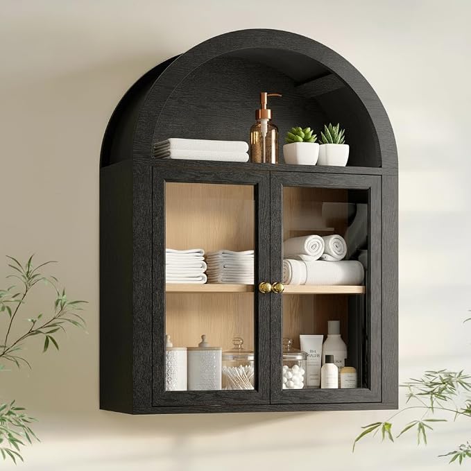Black Arched Wall Cabinet, Glass Display Wall Mounted Cabinet by NEWOWNDS