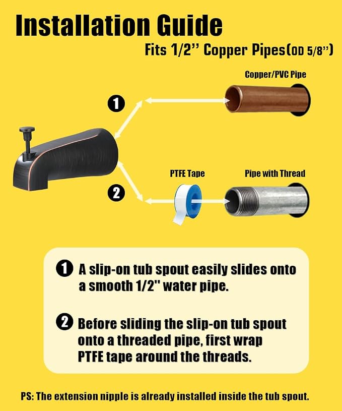 Tub Spout with Diverter, Slip On Bathtub Spout Fits 1/2'' Copper Tube, Bathroom - Image 7