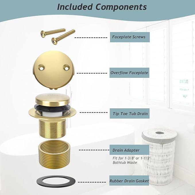 Tip-Toe Bathtub Drain Kit with Two-Hole Overflow Plate, Universal Fine/Coarse - Image 6
