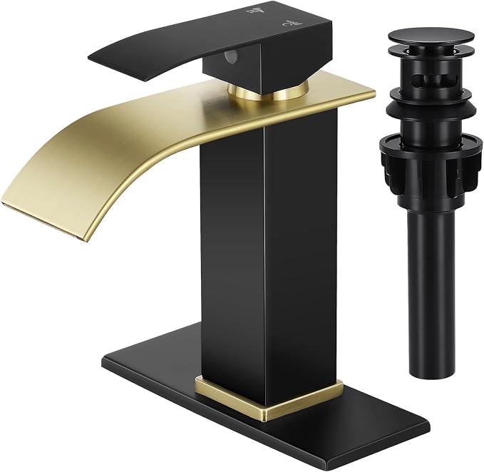 Bathroom Faucets Matte Black and Gold Waterfall Bathroom Sink Faucet Modern by LUFG