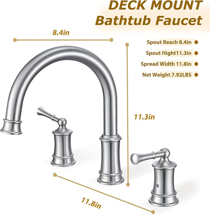 Brushed Nickel Roman Tub Faucet, Antique Bathtub Faucet Set 3 Hole, High Flow - Image 6