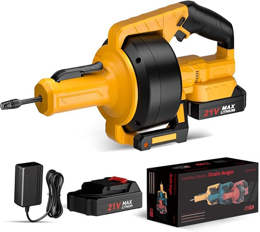 Electric Drain Auger, 21V Cordless Drain Snake, 25Ft Auto-Feed Snake Drain Hair by uoeos