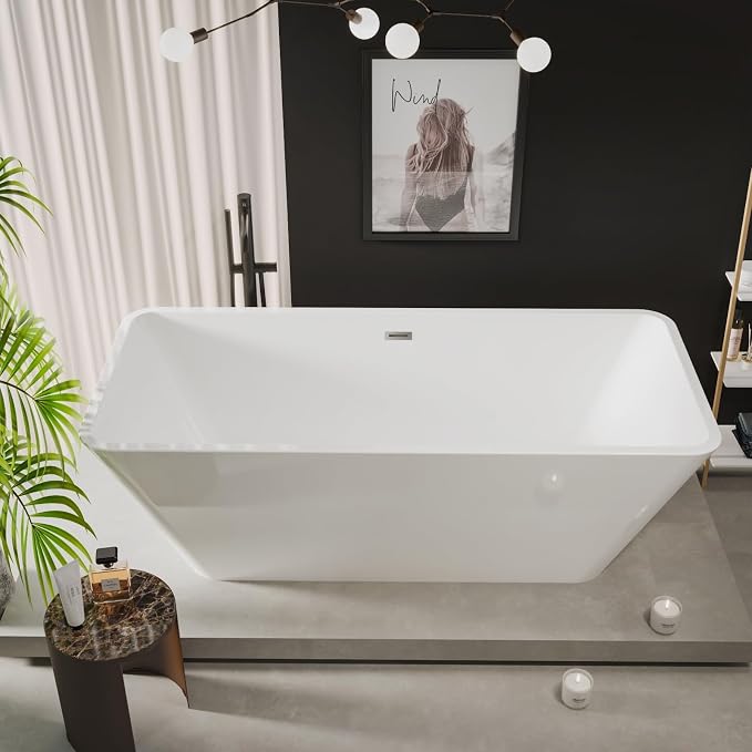 59" Freestanding Bathtub, Acrylic Soaking Tub, Chrome Overflow & Drain - Image 7