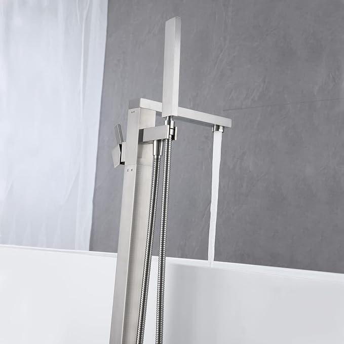 Freestanding Bathtub Faucet Tub Filler Brushed Nickel Floor Mount Bathroom - Image 5
