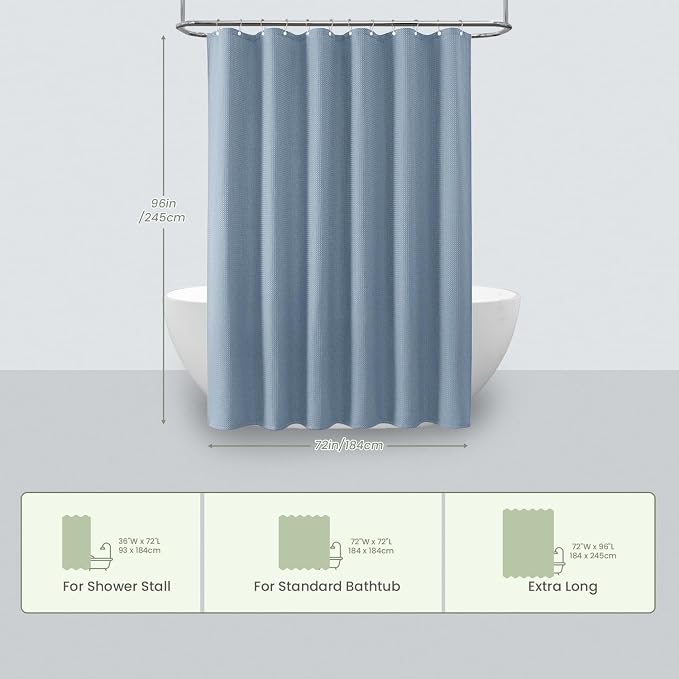 Inhousolu Fabric Shower Curtain Waffle Weave, Fog Blue 230 GSM Heavy Duty - Image 6