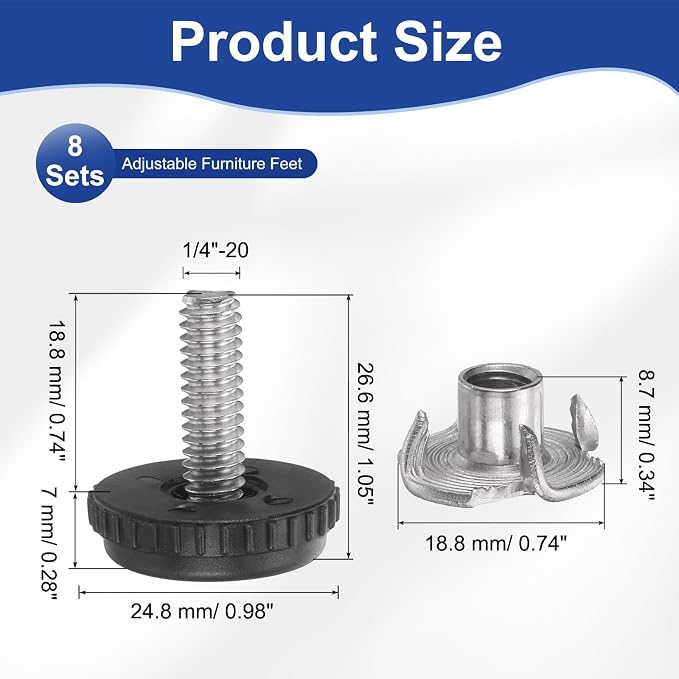 uxcell 1/4"-20 Thread Furniture Feet Levelers, 8Set 20.6mm L Adjustable - Image 2