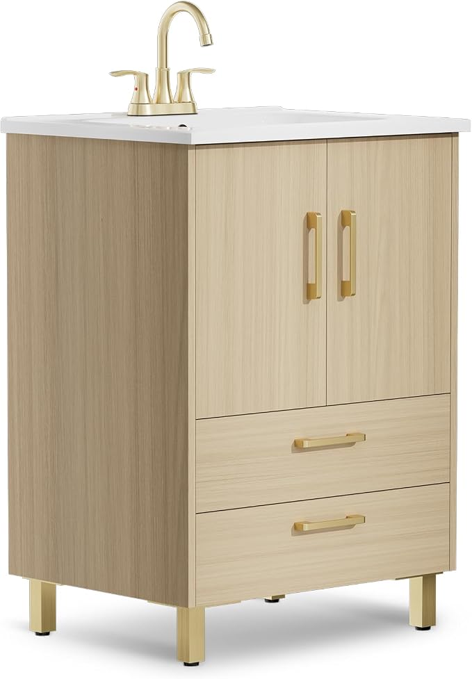 phiestina Fully Pre-Assembled 24 Inch Bathroom Vanity, Oak Small Bathroom Sink by Phiestina
