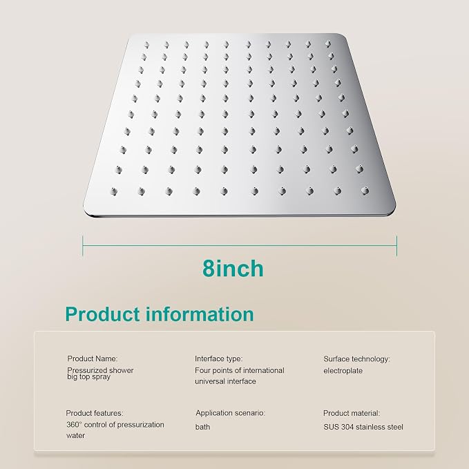 Square Rain Shower Head, High Flow Stainless Steel, Work - Image 2
