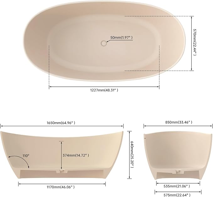 65" Premium Solid Surface Freestanding Bathtub, Modern Cream Design Stone Resin - Image 4