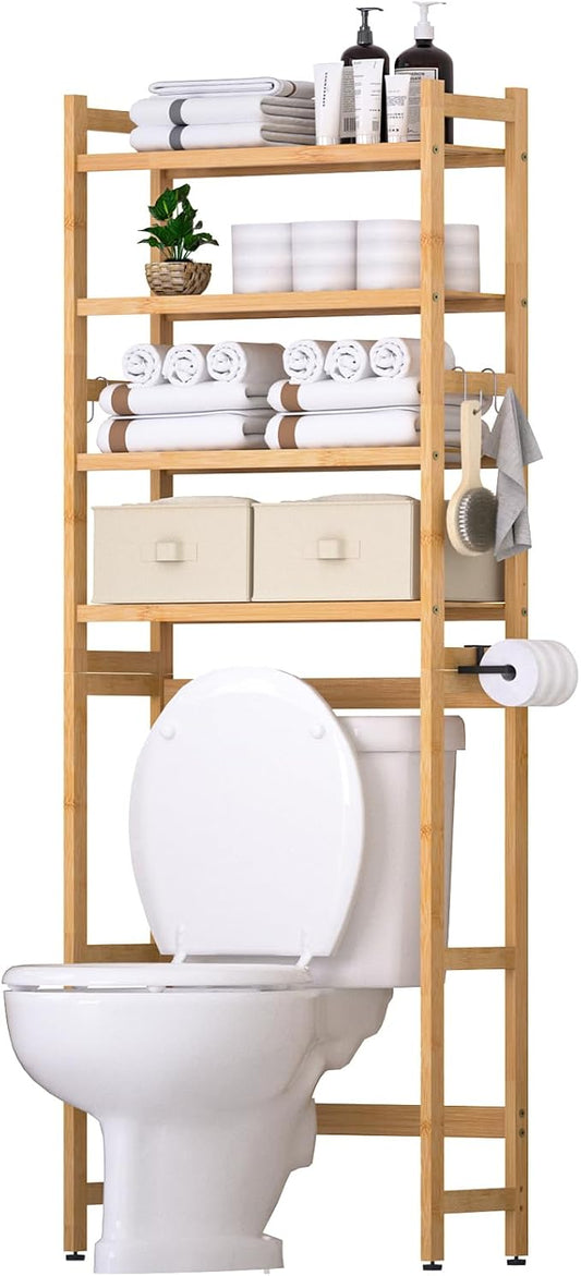 Over The Toilet Storage with 2 Baskets, 4-Tier Bamboo Organizer Rack with Paper by Cozivolife