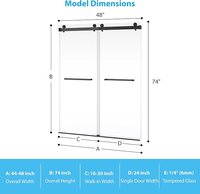 Stainless Steel Sliding Shower Door, 44-48" Adjustable Width x 74" Height - Image 2